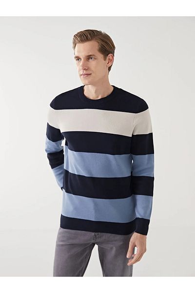 LC Waikiki Lcwaikiki Classic Navy Blue Crew Neck Long Sleeve Color Block Men's Knitwear Sweater
