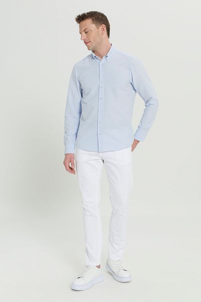 AC&Co / Altınyıldız Classics Light Blue Flexible Oxford Shirt - Technical Seersucker Pattern, Slim Fit, Buttoned Collar