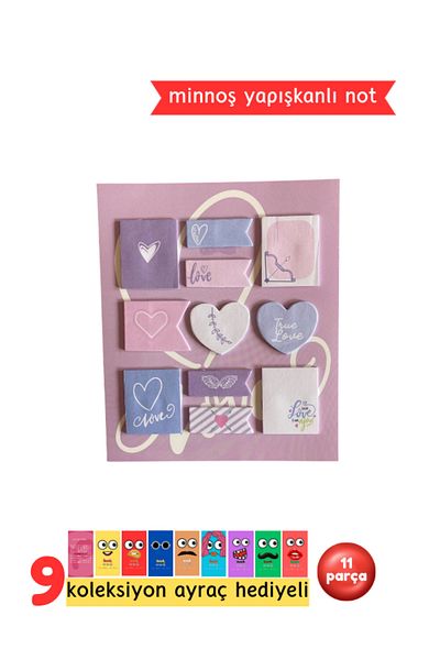 Pembe Pasaj Heart Pattern Adhesive Note Paper - 10 Piece Pink Post-It Set