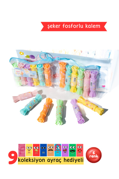 Pembe Pasaj Şeker Şeklinde Fosforlu Kalem Seti 6 Adet - Sevimli Fosforlu Kale...