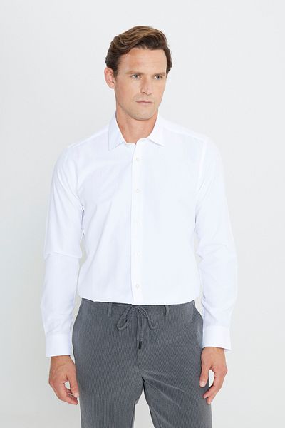 AC&Co / Altınyıldız Classics Cămașă din bumbac, albă, ușor de călcat, slim fit, cu guler clasic
