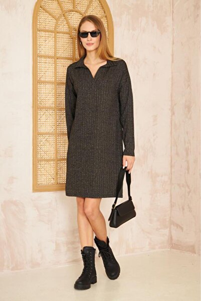 Pasaklı Giyim Women's Copper Polo Neck Midi Long Sleeve Glittery Ribbed Sports Knitwear Dress Yb2988210