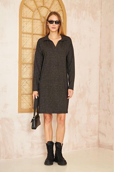 Pasaklı Giyim Women's Copper Polo Neck Midi Long Sleeve Glittery Ribbed Sports Knitwear Dress Yb2988210