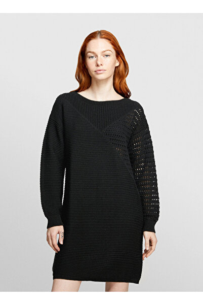 Sisley Boat Neck Black Midi Women's Dress 1076Mv00W