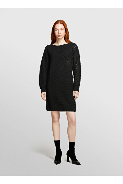 Sisley Boat Neck Black Midi Women's Dress 1076Mv00W