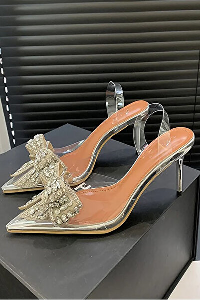 TrendyAnka Lady Princess Silver Nude Stone Stiletto - 8 cm podpatky, transparentní křišťálová mašle Svatební zásnubní večerní šaty