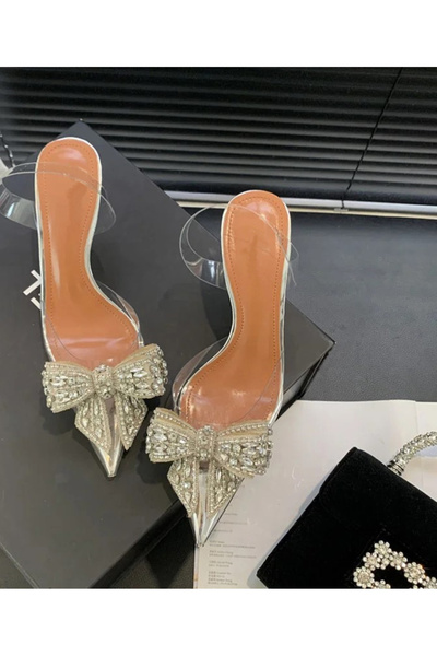 TrendyAnka Lady Princess Gümüş Nude 8Cm Şeffaf Topuklu Kristal Fiyonk Taşlı Stiletto Düğün Nişan Abiye Ayakkabı
