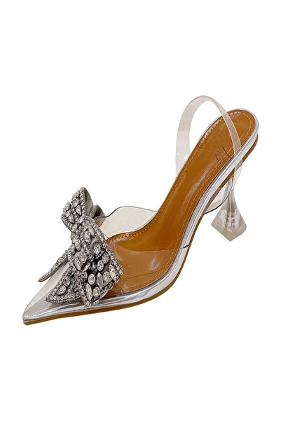 TrendyAnka Lady Princess Gümüş Nude 8Cm Şeffaf Topuklu Kristal Fiyonk Taşlı Stiletto Düğün Nişan Abiye Ayakkabı