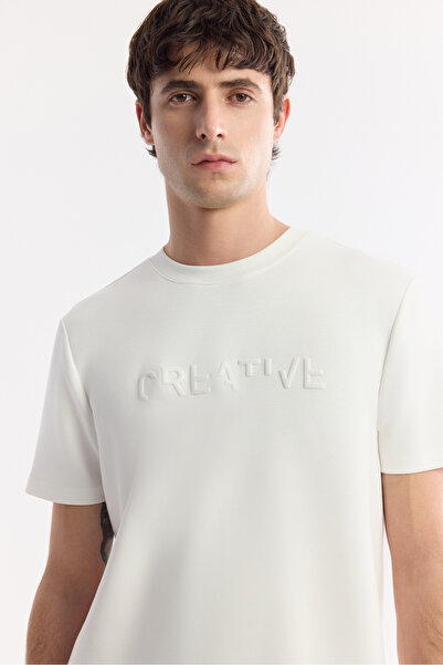 Avva Men's Ecru Crew Neck Printed Bi-Stretch Interlock Regular Fit T-Shirt A51Y1131