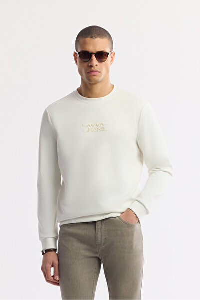 Avva Erkek Ekru Bisiklet Yaka Baskılı Bi-Stretch İnterlok Regular Fit Sweatshirt A51Y1204