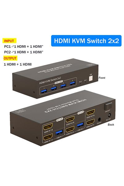 lieve مع قابس الاتحاد الأوروبي، مفتاح HDMI KVM، مفتاح HDMI KVM مزدوج الشاشة 2x2 4K 60Hz HDMI Displayport USB 3.0 KVM S