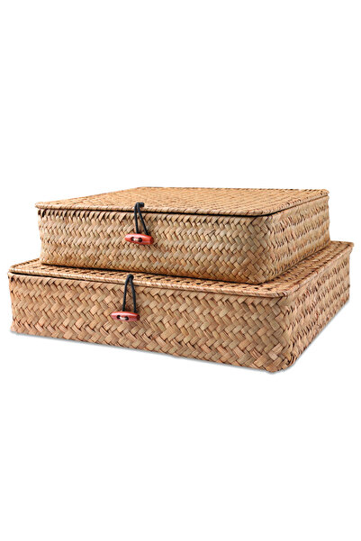 Choice سلة - قطعتان، سلالتان من أعشاب البحر مع غطاء، سلة تخزين من الخوص، صناديق تخزين مسطحة من الخيزران، منسوجة، منظمة