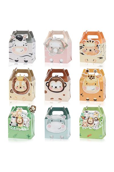 Choice 9pcs Cartoon Animal Lion Elephant Tiger Gift Box Candy Biscuit Gift Box For Kids Birthday Party W...
