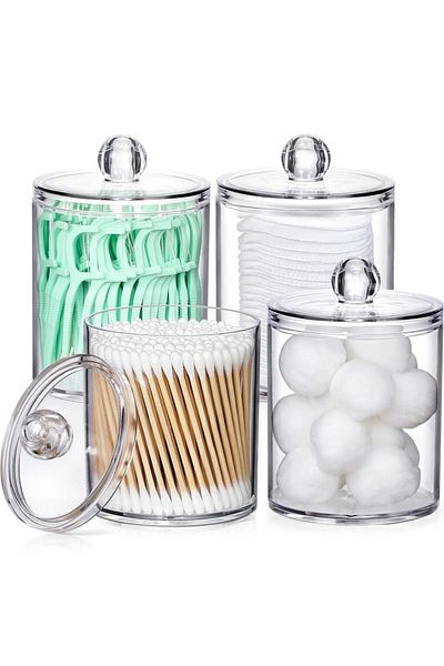 Choice 4 Pack A01 4 Pack Acrylic Qtip Holder Dispenser For Cotton Swabs, Balls, Pads, Floss Picks- Small Cl