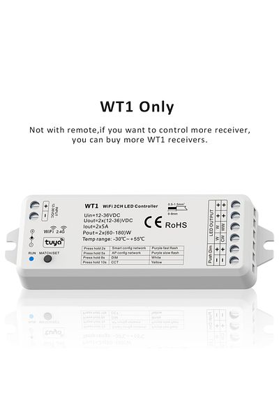 MJJC Wt1 Dimmer Only Tuya Cct Led Strip Dimmer Switch 12v Dc Wireless 2.4g Rf Ww Cw Controller Work With