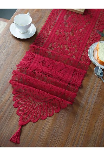 Choice 33x90cm RED Red Lace Table Cloth Runner for Wedding Banquet Decorations, Christmas Party Table Decor