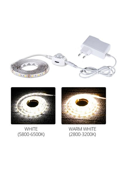 AVACOM 2m Warm White Eu Plug Set 1m-5m Pir Motion Sensor Led Strip Lights Ip65 Waterproof Dc 12v Light Stri