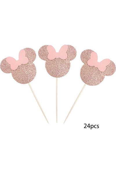 Choice 24pcs 24 Pcs Mouse Inspired Cupcake Toppers With Pink Bow Rose Gold Glitter Cupcake Picks Decor For