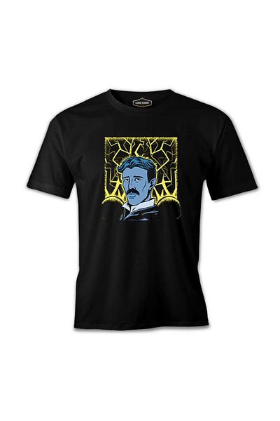 Lord T-Shirt نيكولا تيسلا مع تي شيرت رجالي أسود بخلفية كهربائية