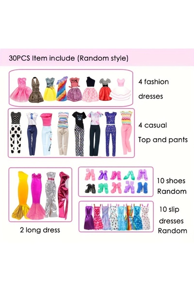 Choice مجموعة من 30 قطعة من ملابس الدمى والإكسسوارات للدمى البنات تتضمن 4 فسا...