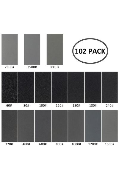 Toorise Black 102pcs Wet Dry Sandpaper Assortment Abrasive Paper Sheets 60 To 3000 Grit For Automotive Sand