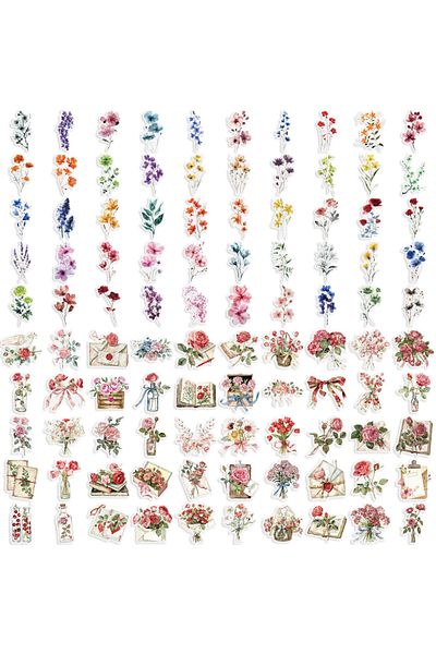 Choice Multi 100 Pcs Ink Flower Stickers Pack Waterproof Transparent Pet Booklet Flower Material Decorativ
