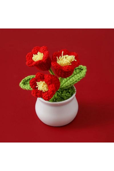 Choice Red Handmade Crochet Lily Of The Valley Potted Finished Woven Bouquet Artificial Knitted Flower Gift