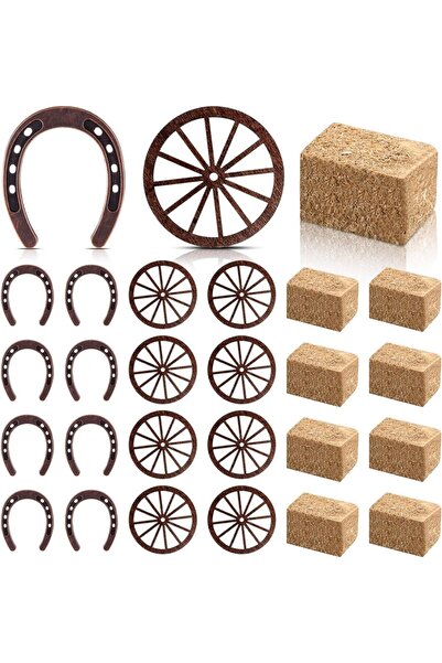 Choice 24 قطعة من لوازم الحفلات الغربية المختلطة، ديكور حدوة الحصان، عجلة عربة، حرف يدوية، بالات قش صغيرة، طاولة عتيقة C