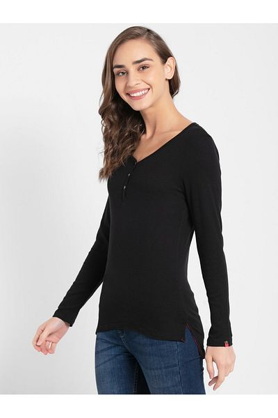 JOCKEY USA Original Womens Loung Wr Full Slv Henley UL15-01 Black