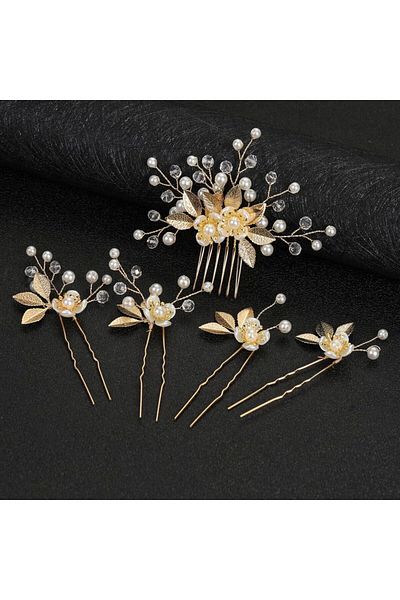 Choice مشبك شعر ذهبي مكون من 5 قطع للعرائس مشبك شعر على شكل زهرة ذهبية وشوكة شعر من اللؤلؤ مشبك شعر للنساء غطاء رأس من Vintage