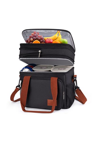 Choice Black Expandable Insulated Large Lunch Box Double Deck Heavy Duty Lunch Bag Leakproof Cooler Bags Fo
