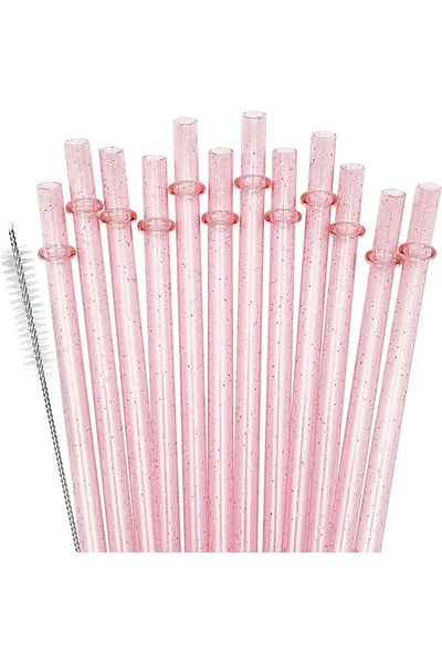 Choice Pink 10-pack Reusable Plastic Straw Glitter 9" Long Unbreakable Drinking Straws With 1 Cleaning Brus