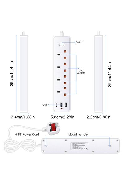 Choice A-4outlets-2u-1c Power Strip Electric Socket Uk My Sg With 3usb Typec Pd30w 13a 2500w Overload Prote