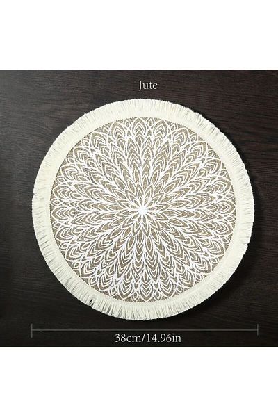 Choice Primary Color 1 Piece Of Jute Fabric Dining Mat, Modern Geometric Pattern Tassel Edge Round Table Pa