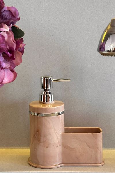 Makri Stylish Silver Detailed Liquid Soap Dispenser with Sponge Holder for Kitchen or Bathroom, Domestic Production