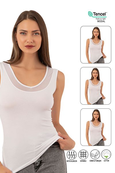ÖZKAN underwear Özkan 22848 3 Pack Γυναικείο μοντάλ βαμβακερό λουράκι με λαιμόκοψη με λεπτομέρεια από τούλι