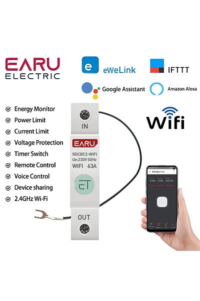 EARUELETRIC 1-63a Adjustable 1p Ewelink App 63a Wifi Smart Energy Meter Power Consumption Kwh Meter Circuit Brea