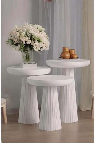 Simillo Home&Living Wood Ahşap Beyaz Renk 3’lü Set Mantar Yan Sehpa Fiskos Çiçeklik Decorative