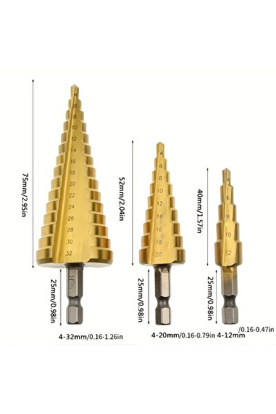 NIUXIANG مثقاب سداسي الشكل مكون من 3 قطع بقطر 4-12/20/32 مم ومطلي بالتيتانيوم، أداة حفر كهربائية معدنية عالية السرعة