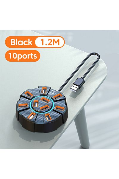 Choice موزع USB 2.0 أسود 1.2 متر مزود بـ 10 منافذ وموزع متعدد المنافذ بسرعة 5 جيجابت في الثانية وموزع USB عالي السرعة