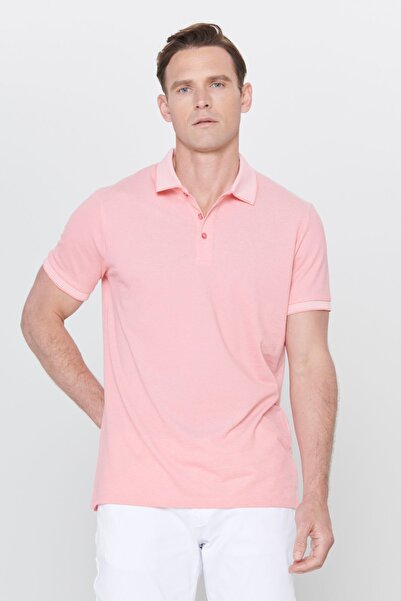 AC&Co / Altınyıldız Classics Erkek Çekmeyen Pamuklu Kumaş Slim Fit Dar Kesim Pembe-Beyaz Kıvrılmaz Polo Yaka Tişört