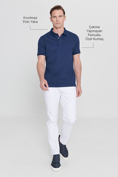 AC&Co / Altınyıldız Classics Marineblaues Slim Fit Herren-T-Shirt mit Polokragen - nicht einlaufender Baumwollstoff