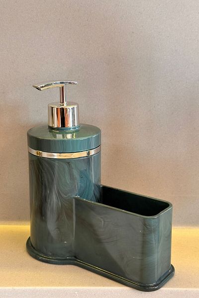 Makri Stylish Silver Detailed Liquid Soap Dispenser with Sponge Holder for Kitchen or Bathroom, Domestic Production
