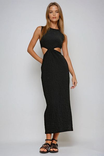 VAGGON Rochie de damă, neagră, cu decupaj, cu textura midi, lungime midi