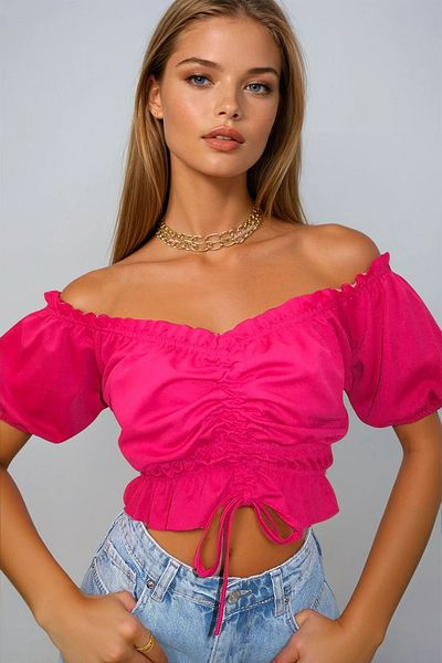 VAGGON Φούξια γιακάς Madonna - Μπλούζα Crop με ελαστική μέση και μανίκια, μπροστινό κορδόνι