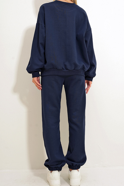 VAGGON Жіночий темно-синій велосипедний комір, еластичний пояс і штанини, двоколірний базовий спортивний костюм