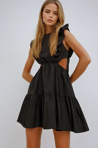 VAGGON Rochie de damă neagră cu gât barcă, talie decoltată, poplin cu volan în lateral