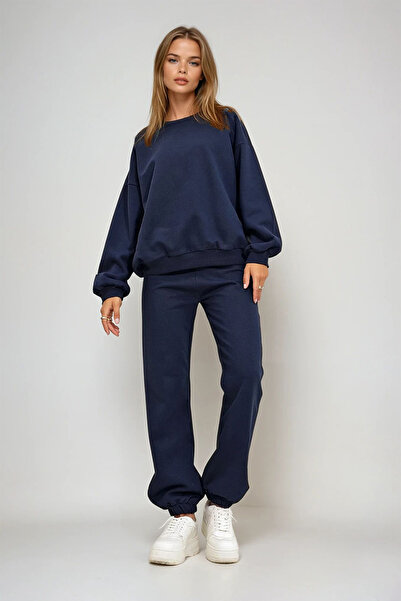 VAGGON Жіночий темно-синій велосипедний комір, еластичний пояс і штанини, двоколірний базовий спортивний костюм