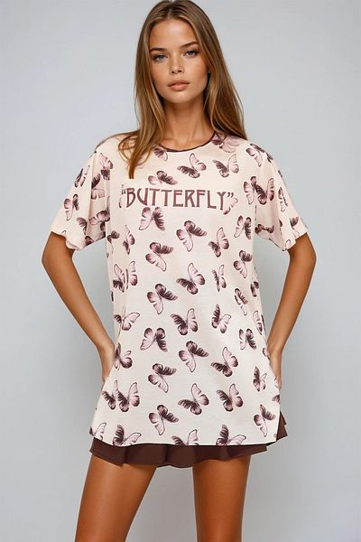 VAGGON Tricou de damă Stone Crew Gât cu imprimeu digital cu fantă laterală Prmx1106