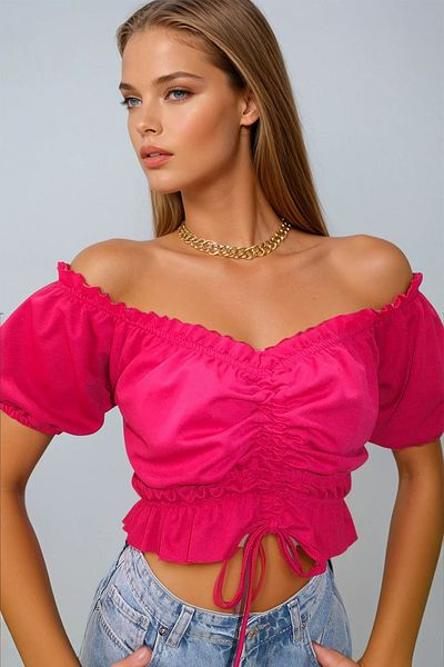 VAGGON Φούξια γιακάς Madonna - Μπλούζα Crop με ελαστική μέση και μανίκια, μπροστινό κορδόνι